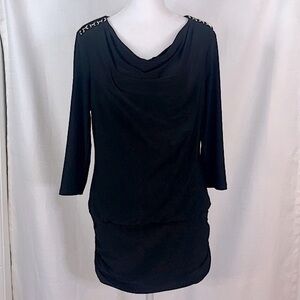WHBM Black Long Sleeved Mini Dress w/ Gold Shoulder Detail